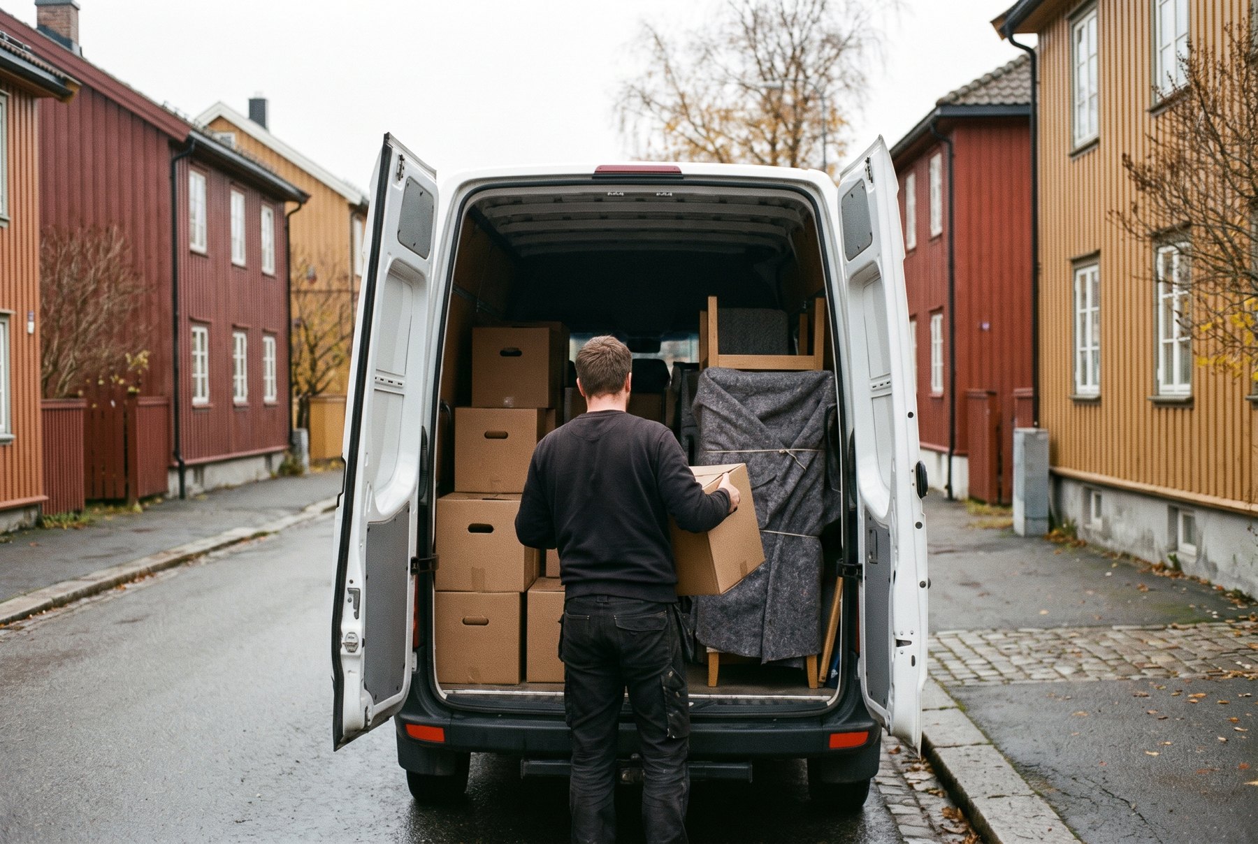 Flyttemedarbeider laster pappesker og møbler inn i en hvit flyttebil i en norsk boliggate